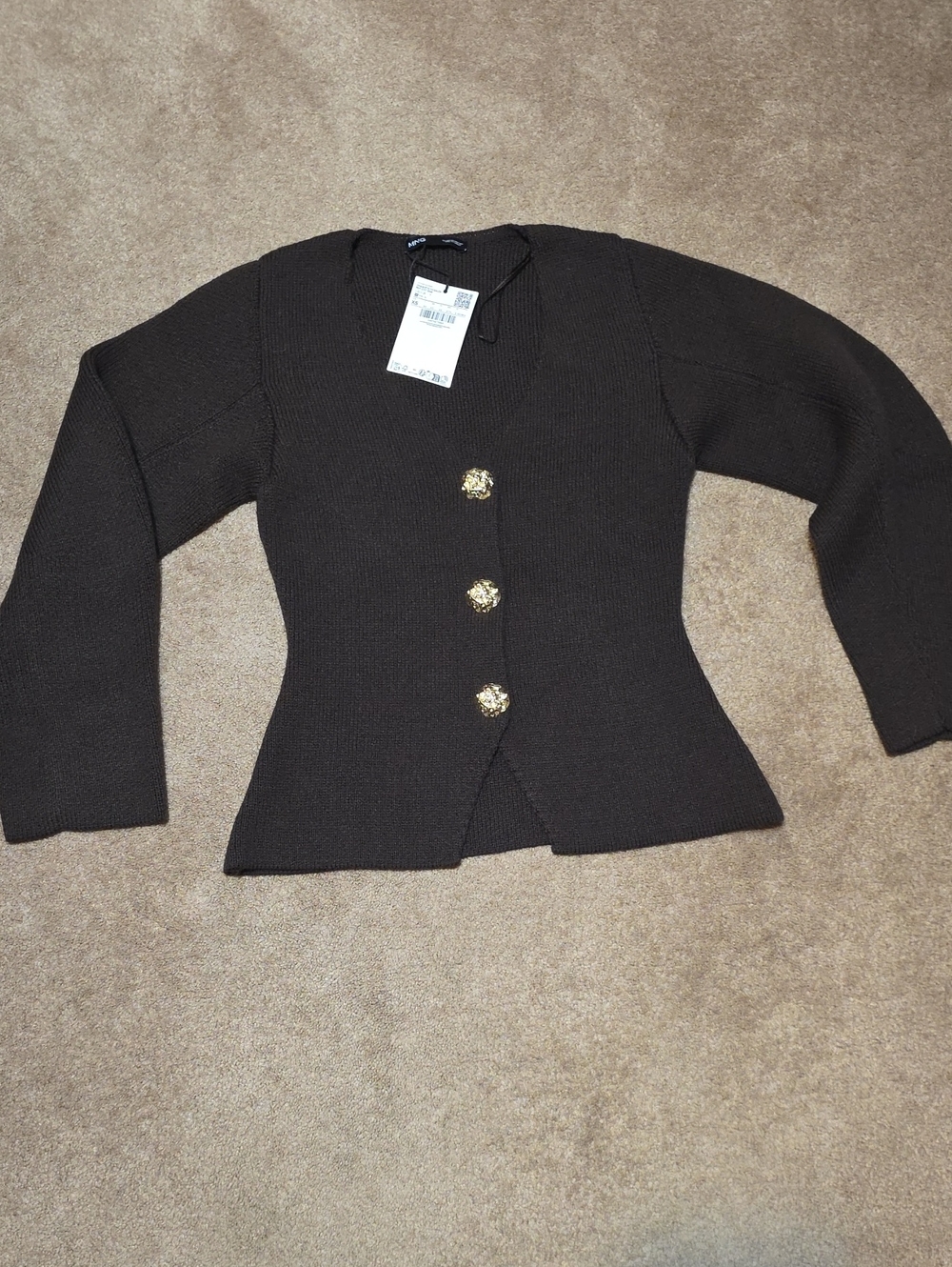 Mango Chocolate Brown Knit Cardigan With Gold Buttons
